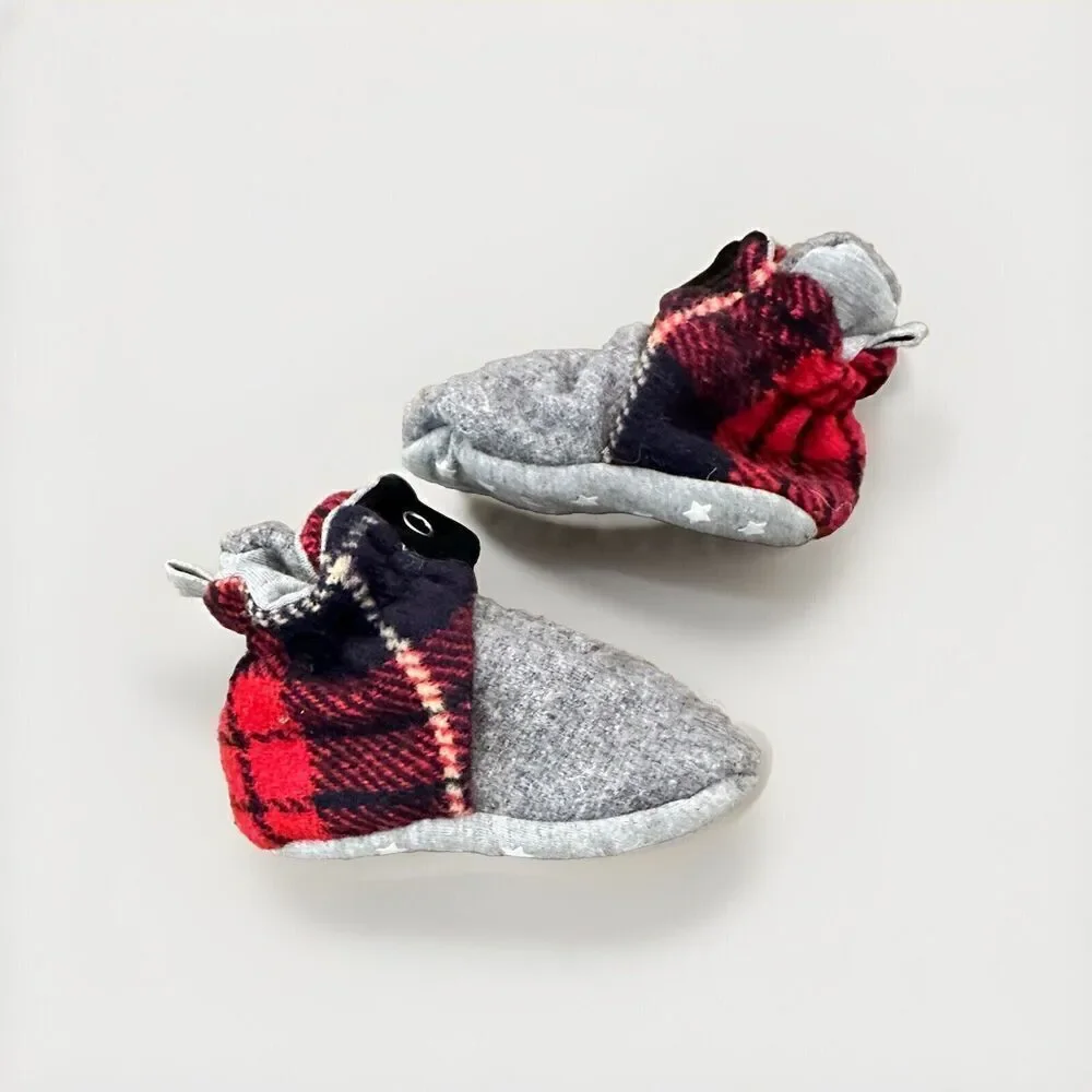 Robeez Leather Flannel Plaid Grey Black Crib Shoes Boots baby boy 6-12 M EUC